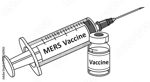 Vector illustration of a MERS vaccine syringe and vial, representing Middle East Respiratory Syndrome prevention.