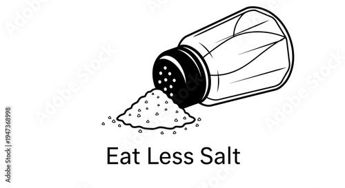 Vector illustration of a salt shaker with spilled salt and "Eat Less Salt" text.