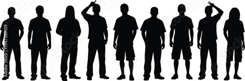 Casual People Silhouettes Collection Vector Illustration, Standing Men and Women Black Figures Isolated on White Background