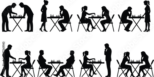 Chess players silhouette collection, men and women competing at tables showing strategic thinking, tournament gameplay, intellectual board game activity