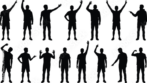 Black silhouettes of standing men with raised hands gestures collection isolated on white background human pose set for design illustration