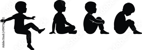 Child sitting poses silhouette set, little boy different sitting positions collection, kids activity posture vector illustration isolated