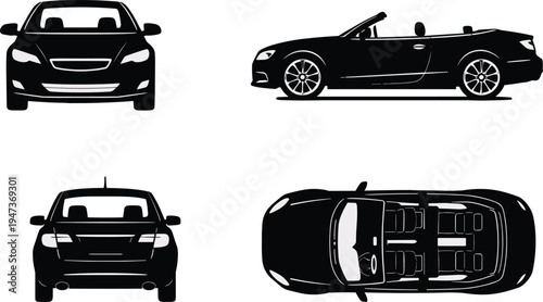Convertible, car, silhouette, set, showing, front, rear, side, and, top, views, isolated, on, white, background, automotive, transport, vector, illustration, design