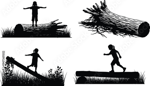 Child playing and balancing on fallen tree log silhouette set, outdoor adventure nature exploration childhood concept illustration