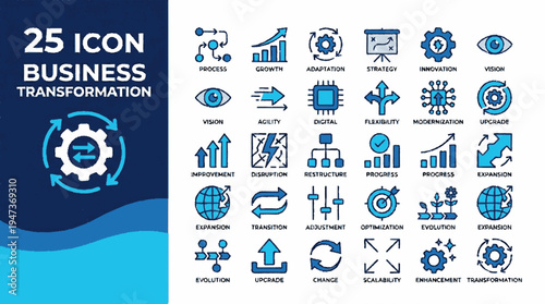 Modern blue and white icons illustrating business transformation and technology concepts on a clean corporate banner