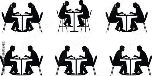 Couple having coffee conversation at cafe table silhouette set, romantic meeting discussion and relationship communication concept illustration