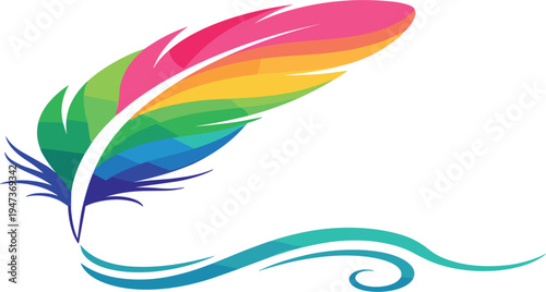 Colorful Rainbow Feather Quill Pen with Ink Swirl for Creative Writing, Blogging, Literature, Author Branding, Logo Design and Artistic Publishing Concept