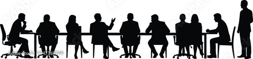 Corporate board meeting silhouette with business team discussion at conference table, professional teamwork collaboration strategy planning concept illustration