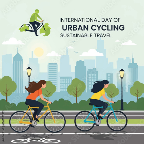 International Day of Urban Cycling: Two Cyclists Ride Through a Green Cityscape for Sustainable Travel.
