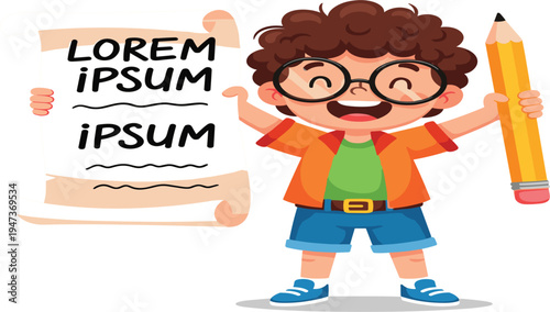 Cute Cartoon Boy with Glasses Holding a Large Pencil and Paper Scroll for Creative Writing, Early Childhood Education, Back to School, and Storytelling Concepts