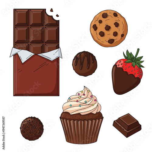 Assorted chocolate treats including cookies, cupcakes, brownie bites, truffles, and strawberry coated delicacies on a dessert platter.