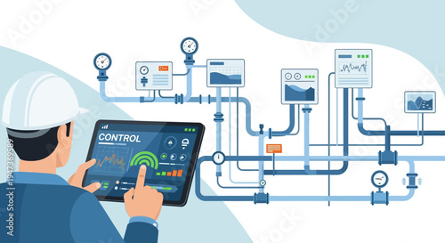 Industrial engineer controlling automated system on tablet