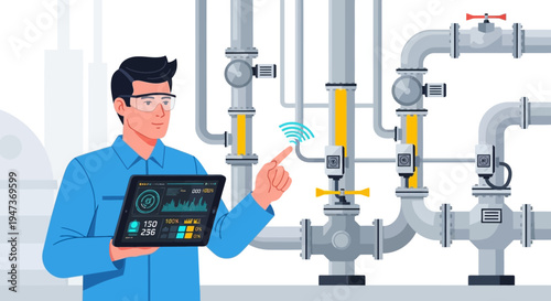 Industrial engineer using tablet to inspect pipeline system
