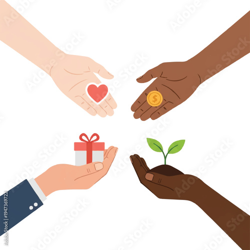 Diverse hands offer gifts, coins, and a growing plant as a collective act of charity.