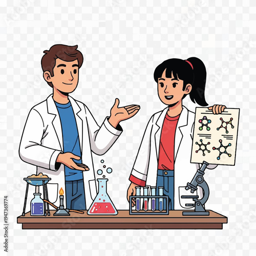 Two cartoon scientists demonstrate laboratory experiments in a bright science setting.
