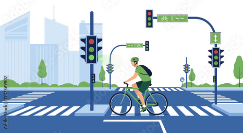 Cyclist crossing pedestrian street in a modern city with traffic lights and bike lane