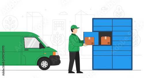 Delivery man loading package into smart locker near green van in city street