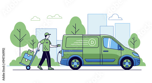 Delivery man with trolley of packages next to a green van in a city