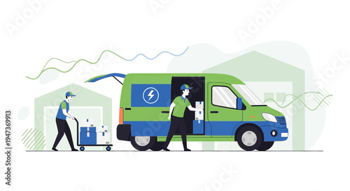 Delivery team loading packages into electric van at warehouse, logistics concept