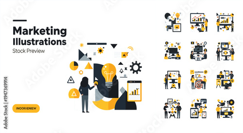 Modern Marketing Strategy Illustration Set with Analytics, SEO, Social Media, Branding, Digital  Growth Concepts in Flat Design Style