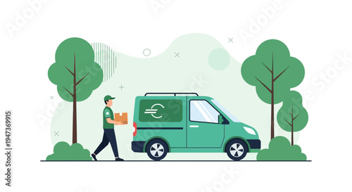 Delivery van with euro symbol, courier delivering package, logistics and shipping concept