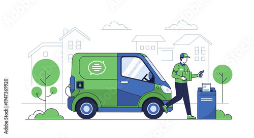 Delivery van and courier delivering package to mailbox in residential area