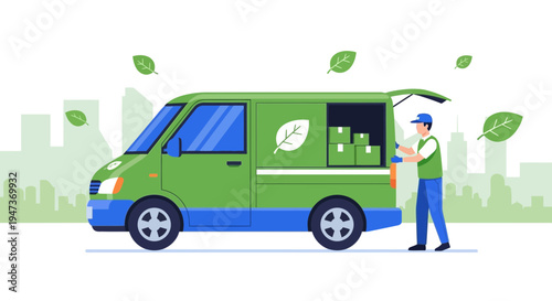 Eco-friendly delivery van with leaf logo, loading boxes, representing green logistics and sustainable transport.