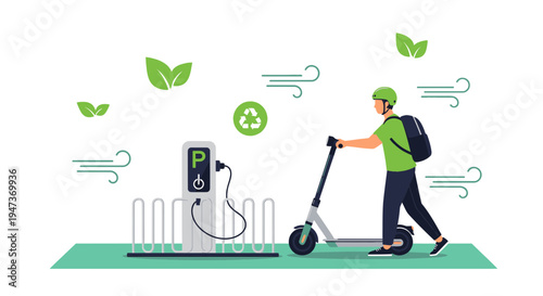 Eco-friendly electric scooter charging station with person and green leaves