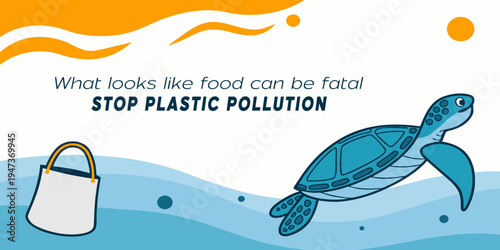 Sea turtle swimming near plastic waste highlighting ocean pollution problem. Environmental campaign concept for marine conservation, plastic reduction and protecting sea life.