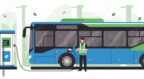 Electric Bus Charging at Station, Green Energy Transport, Sustainable City Transportation