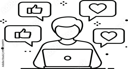 Social Media Engagement Concept with User Using Laptop and Like and Love Notification Icons for Online Community Interaction Design