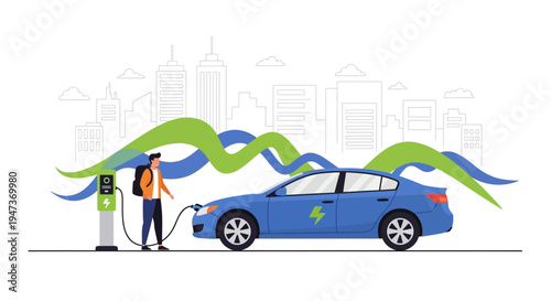 Electric car charging in a futuristic city with green energy waves