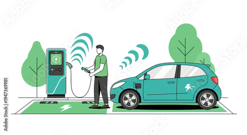 Electric car charging station with person plugging in vehicle, eco-friendly transport concept