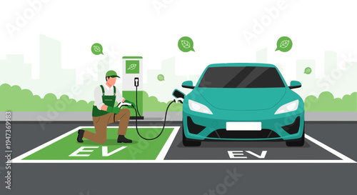 Electric car charging station with person, eco-friendly transport concept