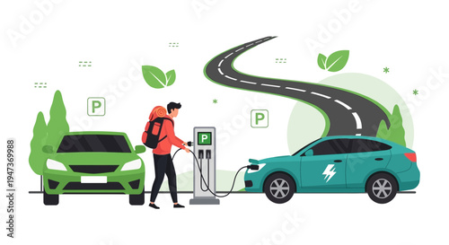 Electric Cars Charging Station on Roadside with Traveler and Nature Elements