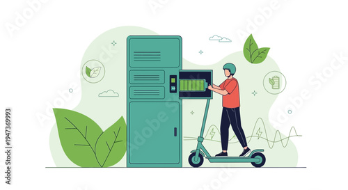 Electric Scooter Charging at a Green Energy Station, Sustainable Urban Transport Concept