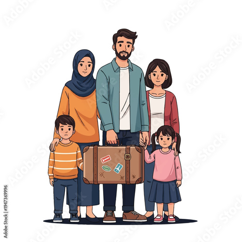 Family of five with suitcases posing together for a travel moment.