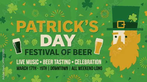 Celebratory st patrick's day beer festival flyer with green background playful leprechaun and beer mugs