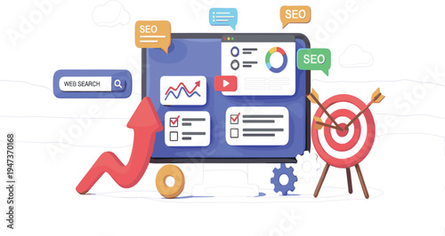 SEO Web Search Optimization Concept with Analytics Dashboard, Target Marketing, and Growth Arrow for Digital Business Strategy and Online Promotion Design
