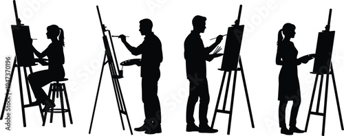 Artists painting on canvas silhouettes set, creative people working at easel black vector illustration isolated on white background