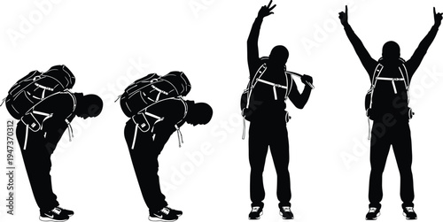 Backpacker man silhouette collection, hiking traveler with raised arms isolated on white background adventure lifestyle illustration set