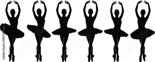 Ballet dancer silhouette set, graceful ballerina in tutu performing classical dance poses isolated on white background vector illustration