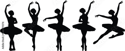 Ballet dancer silhouettes illustration, classical dance poses collection, graceful female ballerina movements, performance art, elegant choreography, isolated black figures