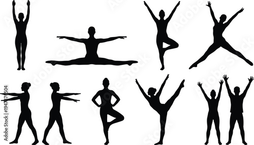 Black and white silhouettes of yoga and fitness poses, stretching, balance, flexibility exercises, isolated active people set on white background
