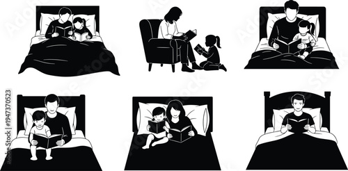 Black and white silhouettes set of parents and children reading books in bed, bedtime stories, family bonding education concept