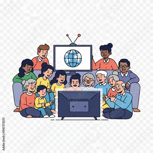 Diverse group of people gathered together watching a television screen.