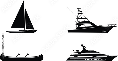 Boat silhouette vector set, sailboat yacht canoe and luxury motorboat isolated on white background for marine transport design