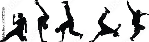 Breakdance, dancer, silhouette, set, hip, hop, street, dance, moves, action, motion, energy, black, figures, isolated, white, background, urban, people, illustration