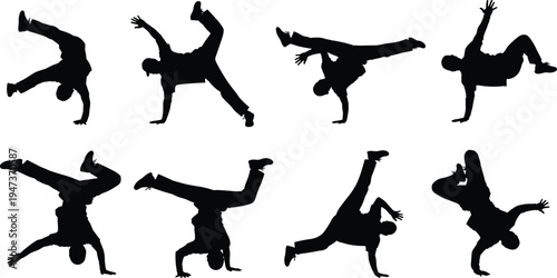 Breakdance male silhouette poses, hip hop street dance moves, acrobatic urban dancer action, black and white vector illustration set