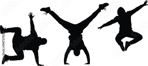 Breakdance, silhouettes, dancers, hip, hop, street, dance, poses, urban, culture, acrobatic, moves, dynamic, motion, black, white, isolated, background, energy, performance